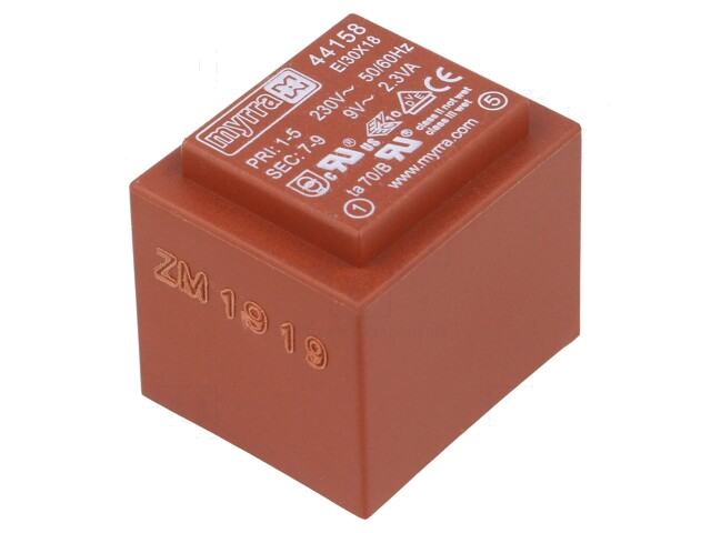 Transformator: ingegoten; 2,3VA; 230VAC; 9V; 256mA; PCB Transformator: ingegoten; 2,3VA; 230VAC; 9V; 256mA; PCB